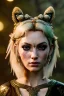 Placeholder: Druid character, young woman, cougar ears, cougar tail on lower back, blonde hair, long hair, green eyes, scars on body, animal hide armor, waist up portrait, 4k resolution, intricate details, ornate details, soft lighting, vibrant colors, retroanime, masterpiece, intricate eyeliner, dark eyeshadow, eyes, intricate tattoos, natural background