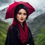 Placeholder: Hyper Realistic Close-Face-View-Of Beautiful Young Happy Pashto Woman With Beautiful-Black-Mascara-Eyes-&-Black-Hair Wearing Black-Frock & Black-Shawl-With-Maroon-Lace Carrying An Red Umbrella On Mountain-Top With Greenery & Breathtaking Cloudy-Rainy-Weather Showing Dramatic & Cinematic Ambiance.