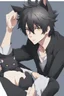 Placeholder: A male anime man with messy black hair, large black cat ears and tail