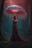 Placeholder: tall slim woman in a dress, in a forest, holding an umbrella made from a jellyfish, detailed matte painting, deep colour, fantastical, intricate detail, complementary colours, fantasy concept art, 8k resolution, Unreal Engine 5