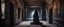 Placeholder: Hyper Realistic transparent black ghost between a huge dark hallway of a historical Indian palace with peeling wall paints at night