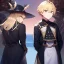 Placeholder: anime couple, couple is standing back to back, female has white dress on and has long blonde hair, male is wearing black coat and has dark brown short hair with a hat on