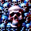 Placeholder: a picture of a dark, comedic, anatomically correct wall of red white and blue tightly packed stacked cyborg skulls of varying sizes and expressions, photo realistic, insanely meticulous, highly detailed, part of a collection of bones on display, 64k, dystopian, vray