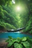 Placeholder: An airplane crashed covers a green leaves among relict trees, tropical forest in some places covered with ivy, around blue beautiful river fantasy, photo