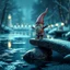 Placeholder: airbrush and pen outline, a glittering Deep Gnome (Svirfneblin) balancing on frozen bridge pond, goa psy ambient in the style of vangelis and fsol, source vibrations, bokeh like f/0.8, tilt-shift lens 8k, high detail, smooth render, down-light, unreal engine, prize winning