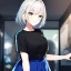 Placeholder: Clear focus, High resolution, light grey short hair, dark green eyes, wearing a black t-shirt and blue skirt