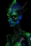 Placeholder: Alien 6 feet, with a slender and graceful figure. skin is a mesmerizing blend of deep, dark, reminiscent of a moonlit forest.midnight blue, 4 eyes emerald green, and deep purple. The skin is intricate patterns that resemble constellations, eyes are large, glowing with an eerie, phosphorescent light.a piercing shade of neon green,aura.face is framed by long, flowing tendrils of bioluminescent hair, reminiscent of glowing jellyfish tentacles.