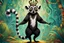 Placeholder: surreal, vibrant digital artwork featuring king Julien the lemur dancing with his tail held up high, with intricate abstract patterns and motifs swirling around them. striking facial features, wearing a crown made of skulls. dancing to "you gota to move it" in Disney style Madagascar