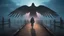 Placeholder: walking straight ahead over a wooden bridge, holding the angel of death with your right hand, entering the fog at the end of the road that leads to the afterlife, and a beautiful sunset and galaxy's behind the fog, realistic