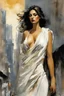 Placeholder: Alex Maleev, unused cover illustration, 2005: [greek goddess model in flesh] In the midst of a busy city, a woman stands out with her serene expression and poised demeanor. Her chiton drapes gracefully, revealing her feminine curves and accentuating her beauty. She exudes an air of timeless elegance, captivating all who cross her path. Every detail, from her lips to her eyes, showcases the sculptor's meticulous craftsmanship. Her presence brings a moment of tranquility amidst the chaos of the ci