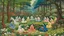 Placeholder: An oil painting by Kuniyoshi of individuals practicing yoga surrounded by blooming flowers and lush vegetation.