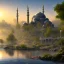 Placeholder: landscape, river, sun, mosque, no gold color.