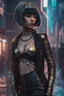 Placeholder: full-body-art of a woman with a bob with a fringe hairstyle, Cleopatra clothing, black knee-high boots, cyberpunk city background