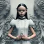 Placeholder: White Statue Jenna Ortega, Wednesday Addams, Rome style sculpture, full body, fresco background, hyper realistic, 8k,