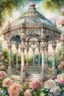 Placeholder: watercolor with drawing, Elegant filigree English gazebo entwined with gorgeous roses, beautiful landscape,magnificent peonies, large flowers pixel graphics, many details, subtle sensuality, realism, high quality, artwork, hyperdetalization, professionally, filigree, smoky haze, hyperrealism, transparency, delicate pastel tones, backlight, contrast, fantastic fabulous, unreal, translucent, luminous, clear lines.
