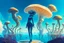 Placeholder: woman in a tight suit, on the shores of an alien world, with mushrooms, with jellyfish tentacles floating in the air, photorealistic, Detailed Matte Painting, Deep Colour, Fantastical, Intricate Detail, sunshine, blue sky