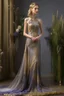 Placeholder: Stunning utopian gown with lavender and gold, standing model