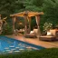 Placeholder: a gorgeous, stunning garden deck with rustic floor, wicker furniture, tranquil pool surrounded by smooth stones, lit candles, plants, cozy, 8k resolution, high-quality, fine-detail, zen-like, digital art, detailed matte, volumetric lighting, illustration, 3D octane render, brian froud, howard lyon, selina french, annie stokes, lisa parker, greg rutowski