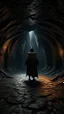 Placeholder: An hooded man wings , thick layer of dark brown corrosion , standing in front of a dark cave, Bosch painting style , of a nightmare , fisheye lens, hyper photorealistic, hyper detailed dark , high resolution, fog, octane render, tilt shift, 8k ,