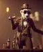 Placeholder: steampunk cabaret scene. old man. little monster monkey, Sunglasses, rain, smoking, happy, hot. Many people background, highly detailed, concept art, unreal engine 5, god rays, ray tracing, RTX, lumen lighting, ultra detail, volumetric lighting, 3d, finely drawn, high definition, high resolution.