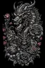 Placeholder: baroque, intricate high details, image of evildaliendemondeathknight cyberpunk, roses, dragon, in lines, perfect illustration realistic, BLACK BACKGROUND, the best style vintage tattoo art, for t-shirt DESIGN realistic