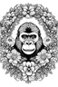 Placeholder: portrait of gorilla and background fill with flowers on white paper with black outline only, style mandala