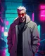 Placeholder: a young man with big muscles and white frosted hair who looks like hans gruber wearing a cyberpunk heavy coat and red sunglasses and a futuristic earpiece staring with an irritated look on his face standing in a dingy alleyway at night while rain falls and neon lights reflect in a realistic style