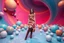 Placeholder: beautiful full body with long boots and midi dress lady in surreal stage made of fractal random size spheres with helical strip colors in clothing similar to environment full body posing to camera