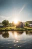Placeholder: portrait of a farm with water and sun in the sky