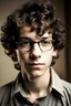 Placeholder: Shy 15 year old nerdy boy. curly hair and glasses. Cute face. Skinny. Short.