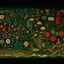 Placeholder: A dark green field with flowers designed in Navajo woven art painted by Pieter Bruegel the Elder