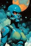 Placeholder: create an imaginative amorphous female extraterrestrial cybernetic rogue trooper with finely detailed facial features, military cut hair, witnessing the destruction of Earth , in the comic book art style of Bill Sienkiewicz, Mike Mignola, and Jean Giraud Moebius, finely textured, drawn, colored, and inked