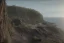 Placeholder: Looking up at a Craggy cliffside overlooking a sandy beachside, fantasy, mystical