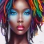 Placeholder: portrait of a beautiful black woman, with dreads, blue eyes, silver skin, colorful hair,