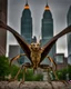 Placeholder: a national geographic style photograph of a 700ft tall eagle mantis lizard hybrid attacking detroit bilateral symmetry