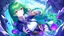 Placeholder: A girl with green hair touches a magical purple stone by the river