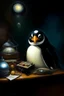 Placeholder: 1970's dark fantasy cover dnd style oil painting frontal webcam picture of pengu the penguin, busniess and money bank.