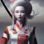 Placeholder: UHD, hd, 8k, hyperrealism, Very detailed, zoomed out view, full character in view, white hair female demon character wearing a hanbok with a white top and long red bottom, she holds a katana in her right hand, she stands in front of a Japanese style palace digital art, anime, full details