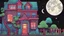Placeholder: Cartoon rgb colors A house with a bright window in the middle of the city at night and darkness with the moon in the sky and behind the houses there are some trees