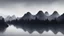 Placeholder: Cloudy dark sky, Distant epic mountains, river, rocks, trees, chinese ink painting