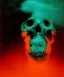 Placeholder: broken skull. black background. smoke and explode. particles in air. teal and orange. abstract. beksinski.