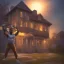 Placeholder: A swole black man lifting dumbells in front of his house at twilight
