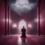 Placeholder: Hyper Realistic man praying inside a maroon wall mosque with thick fog & rainy night