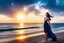 Placeholder: very nice real face beautiful sexy roman with make up at the beach standing pose in a short lace dark blue and silver dress, full body, 3D cloudy sky volumetric nice clouds 8k sharp focus,sunset,golden hour