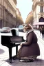 Placeholder: One single mature cat lady playing piano on the street, Vienna, friendly, model style, hyper realistic, extremely accurate, delicate, extremely detailed, Graphic novel style, wide-angle, open aperture, superfine pencil