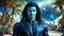 Placeholder: beautiful gorgeous young man na'vi with long hair, Avatar, blue skin, two small ears, green eyes, black hair, in cosmic suit, galactic ambiance, little pointy goatee , smiling, with spaceship and planets and palm trees and clear crystaline cosmic beach in background