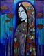 Placeholder: Mixed media painting "Hetairas in the autumn ". Acrylic, ink and sunken relief. Original oil painting by Margaret Macdonald Mackintosh. Style Edouard Vuillard. silver and full-colour illustration. Drifting, gouache with beads, sequins, and gold. in icy cool blues, aquas, warm siennas and ochres, Zentangle, Mosaik, patchwork