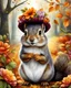 Placeholder: Whimsically Autumn Squirrel Wearing Auumn bonnet with flowers Cute and adorable style Sublimation clipart, detailed, isolated on white background.Centered image, full body length, 64K. Art by Rob Hefferan, and Reint Withaar