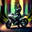 Placeholder: Very attractive woman sitting on a motorcycle. The bike is Yamaha. In the background is a forest. Credible details. Photorealistic. 4K. Wide-angle lens.