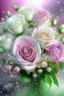 Placeholder: A huge, juicy lush bouquet of pale pink and white roses with gypsophiles and purple lilac, complex, amazing, magical delicate, the color of the sun, mint, sparkling dew drops, dawn, magically, in pastel transparent tones, hyper realistic, beautiful lumen, glitter, professional photo, 3d, realistic, 64k, high resolution, high detail, cgi, hyperrealism, f/16, 1/300s. highly detailed digital painting, bright and juicy photorealistic painting, solar illumination in the background